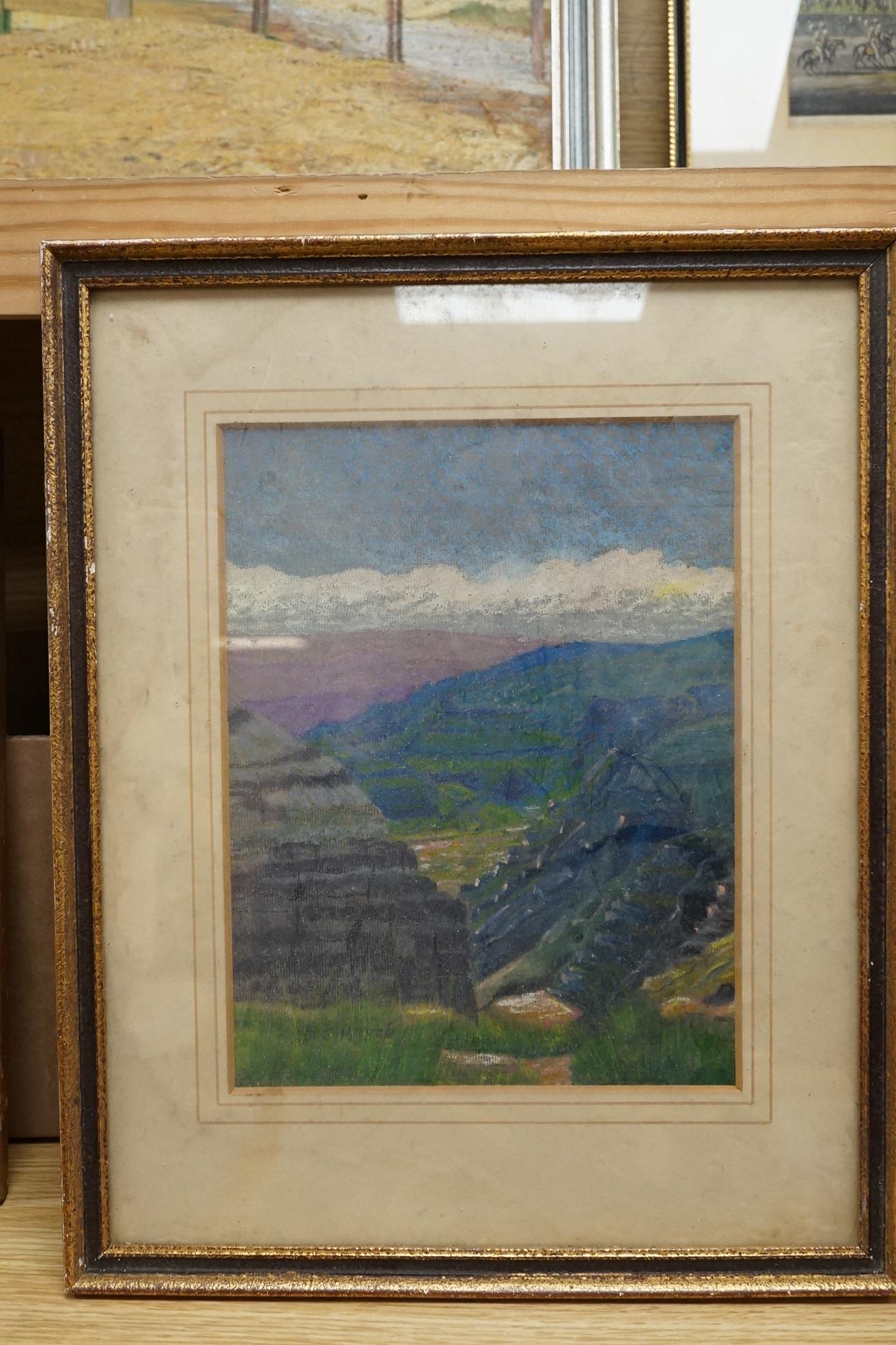 Victorian School, watercolour, Study of a Cornish fisherwoman with a fishing net and two later landscapes pastel landscapes. Condition - fair